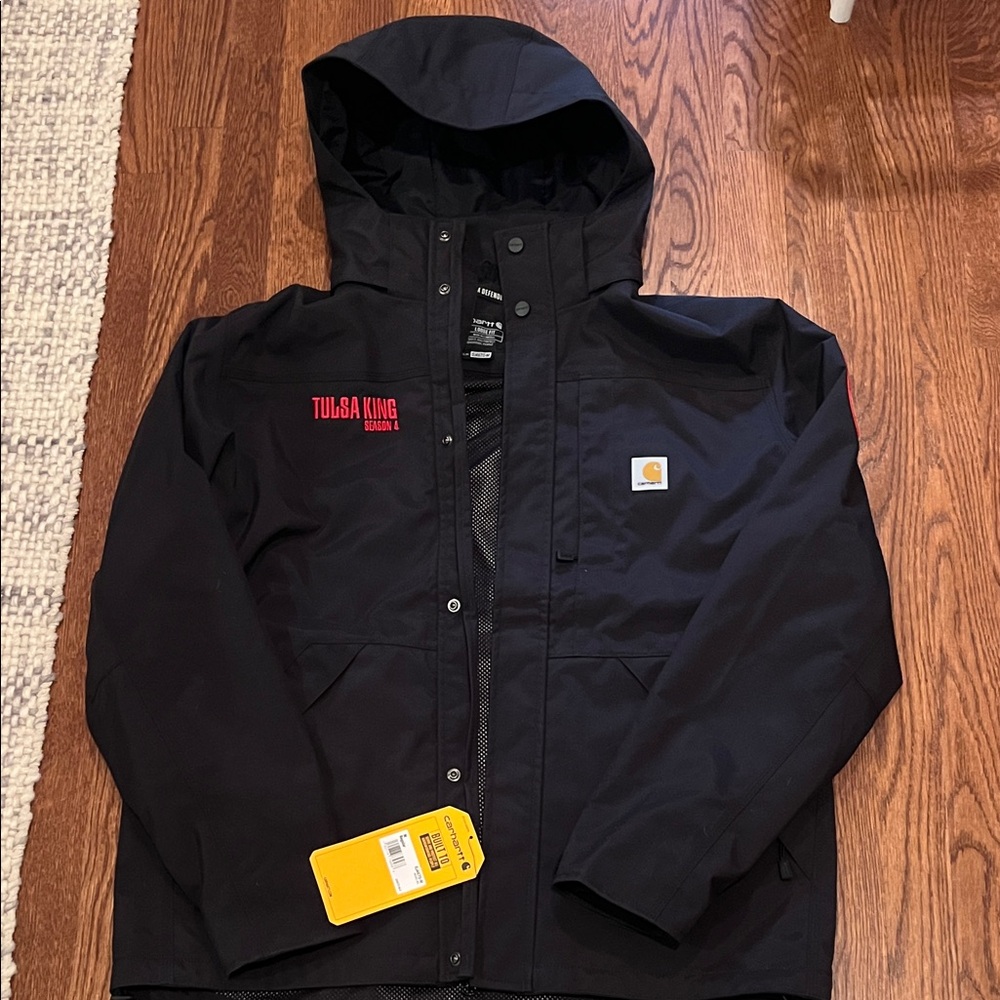NWT Carhartt Black Hooded Work Jacket with Red 'Tulsa King' Script